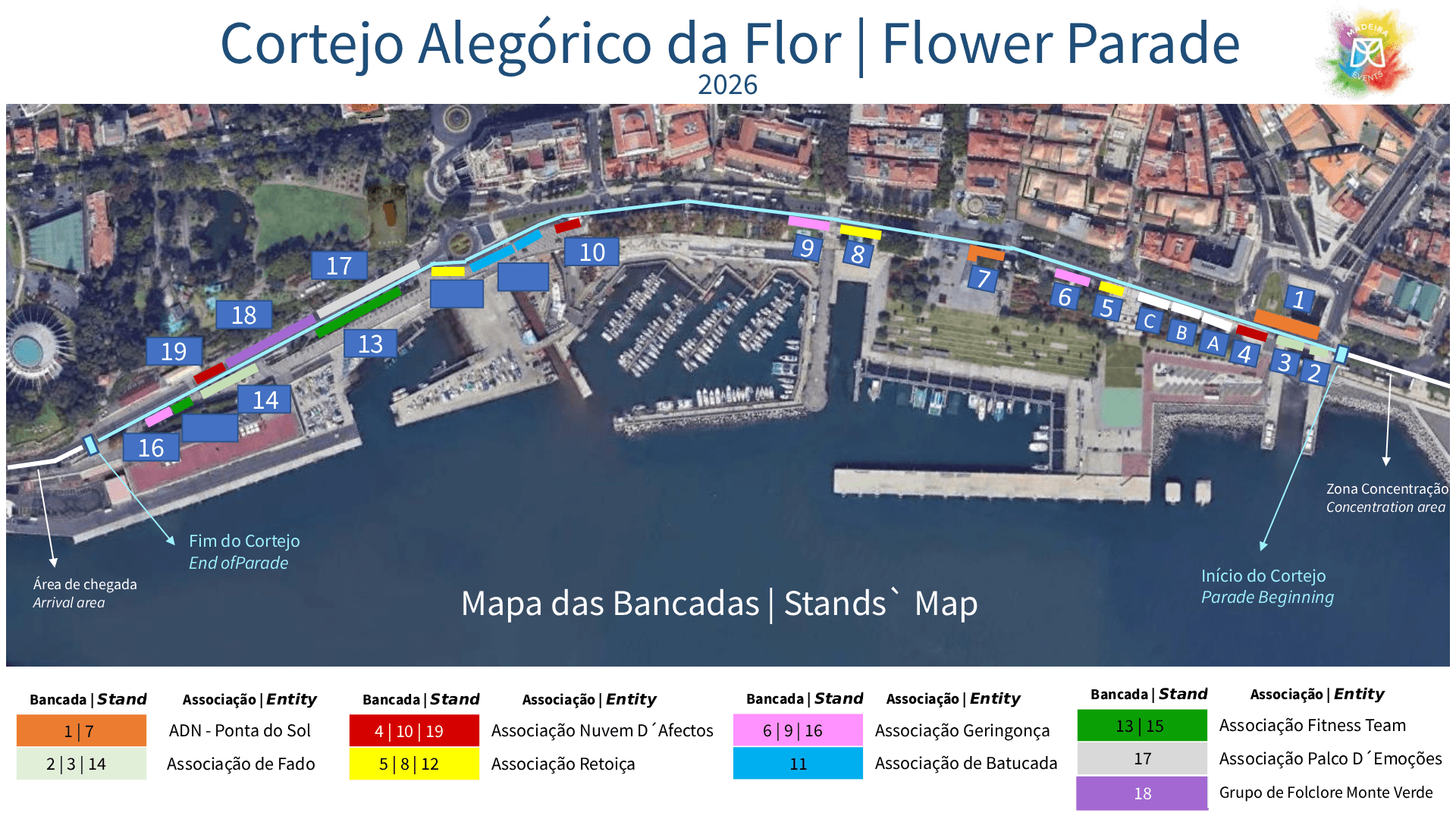 Cortejo Alegórico da Flor 2026 — Mapa stoisk | Mapa Bancadów